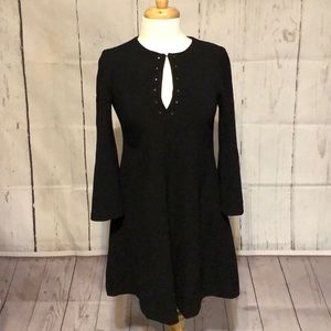 Short black Gabby Skye dress with 3/4 bell sleeves